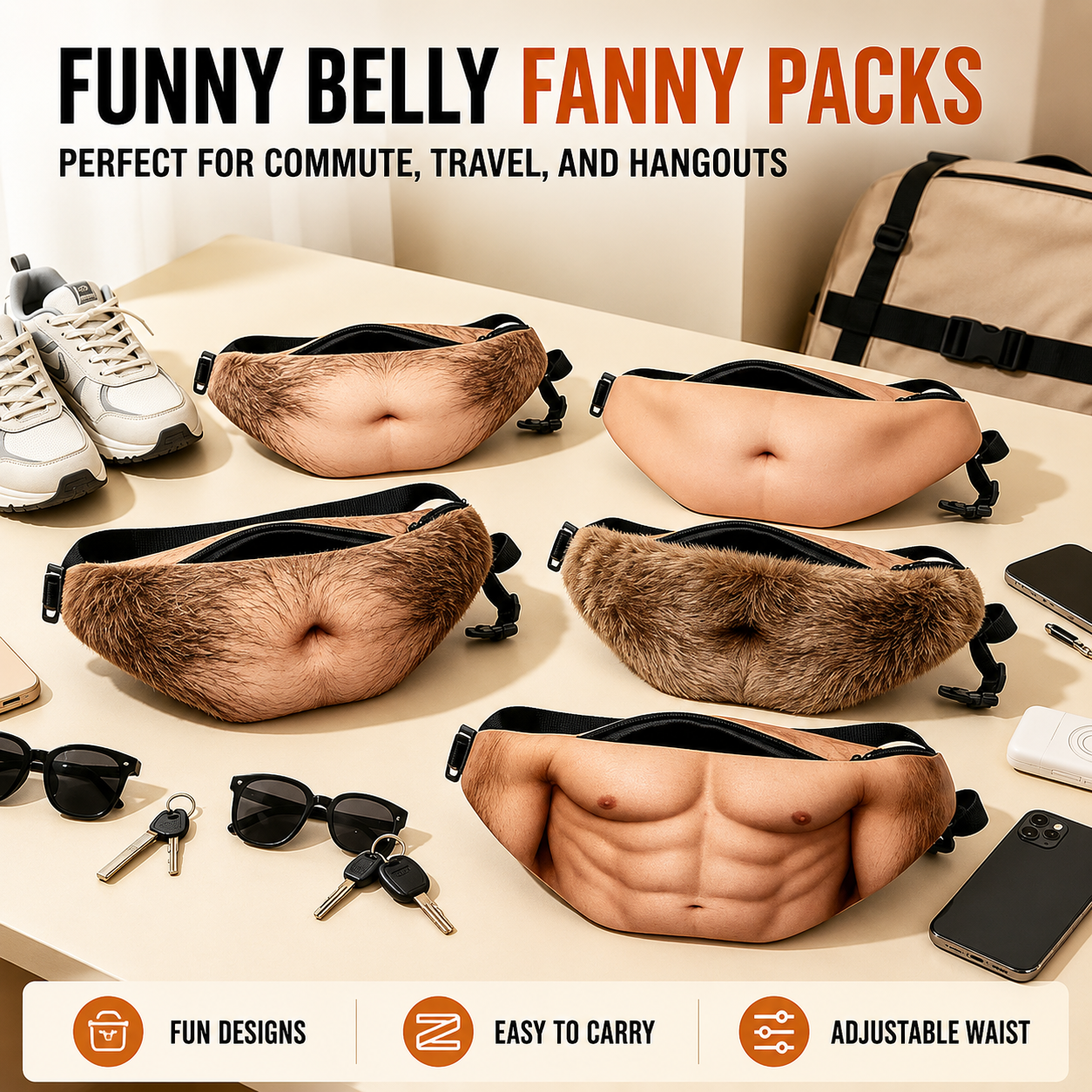 Cross-Border Personalized Belly Bag, Funny Prank Pu Faux Leather Zipper Waist Bag, 2026 New Model Fake Belly Bag Wholesale